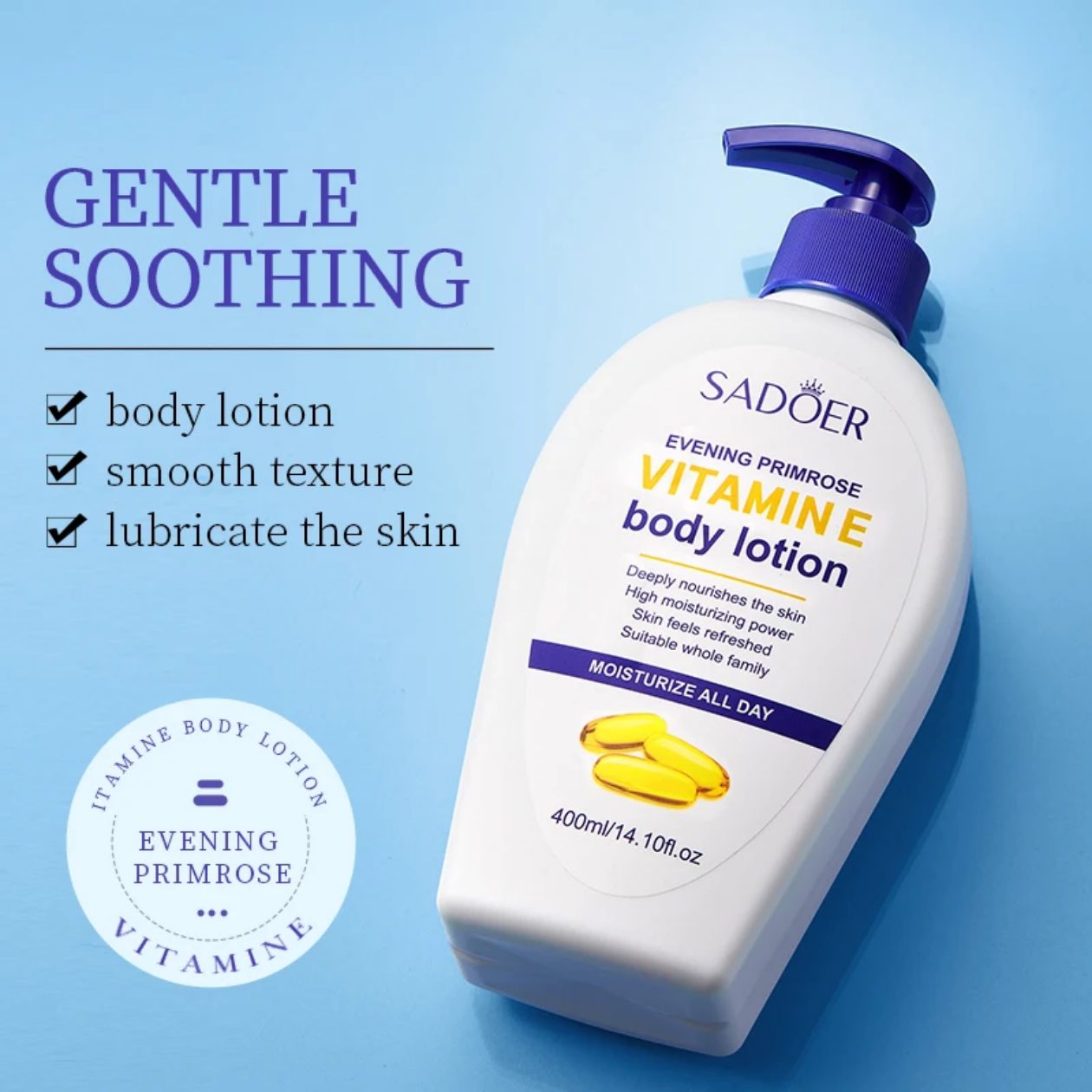 SADOER Evening Primrose Vitamin E Body Lotion 400ml Pump Bottle